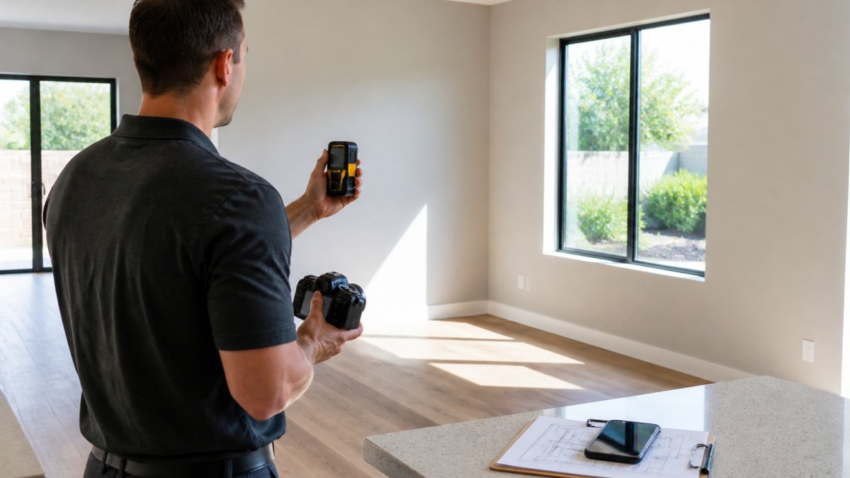Real estate agent holding a laser measuring device while photographing interior room dimensions, with smartphone on clipboard nearby to record spatial data, natural daylight streaming through windows