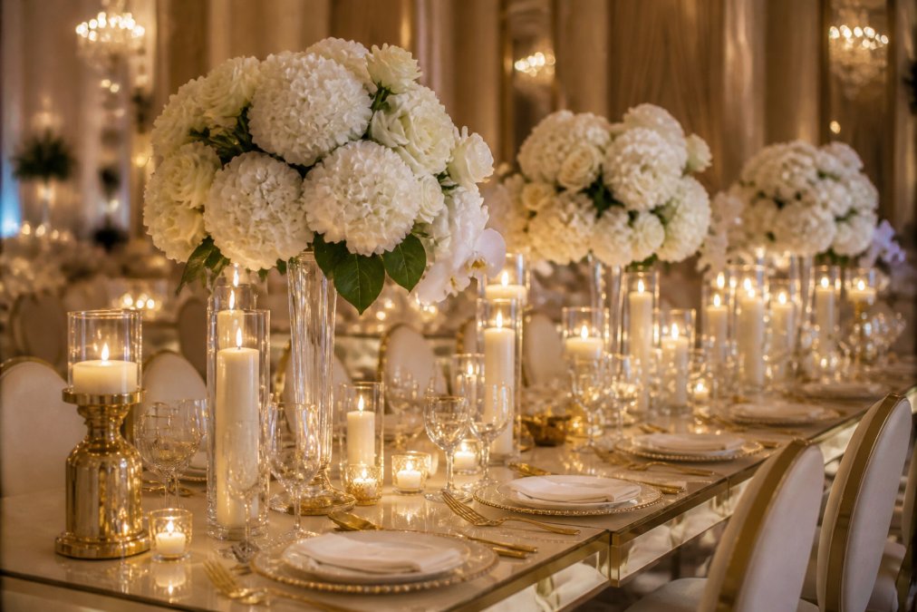 An elegantly styled event table with tall white floral centerpieces, warm candlelight, gold cutlery, and soft ambient lighting in a high-end ballroom setting