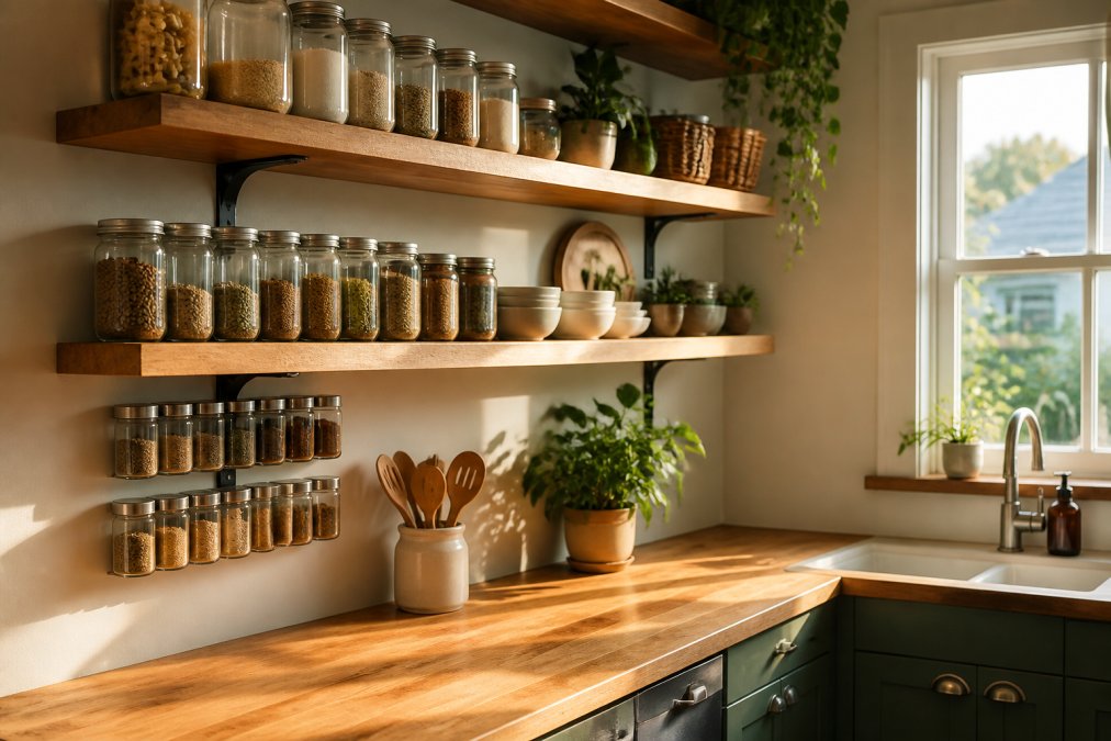 Infographic showing how to create more counter space in small kitchens using wall-mounted jars and floating shelves.