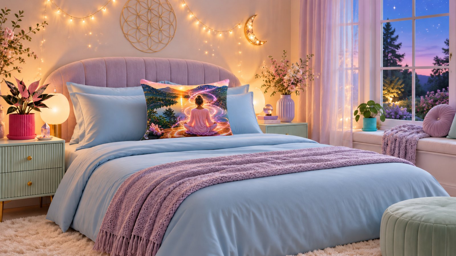 Cozy, relaxing bedroom with the Mountain Meditation Pillow.