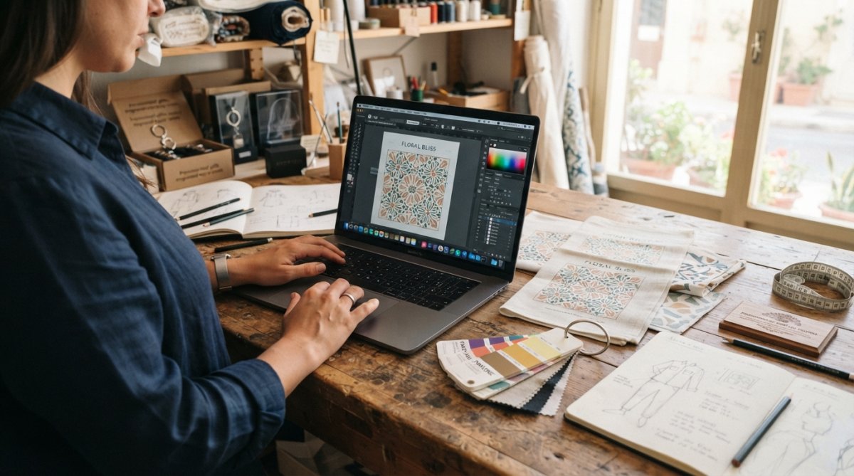A person's hands adjusting a custom design on a laptop screen, with printed fabric samples and color swatches on a wooden desk nearby, warm natural window light