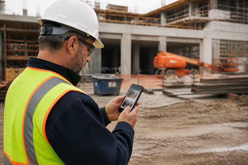 Field inspector on a construction site holding a mobile device, reviewing geotagged photos and voice-annotated notes, with site equipment and structural elements visible in the background and timestamp information displayed on screen