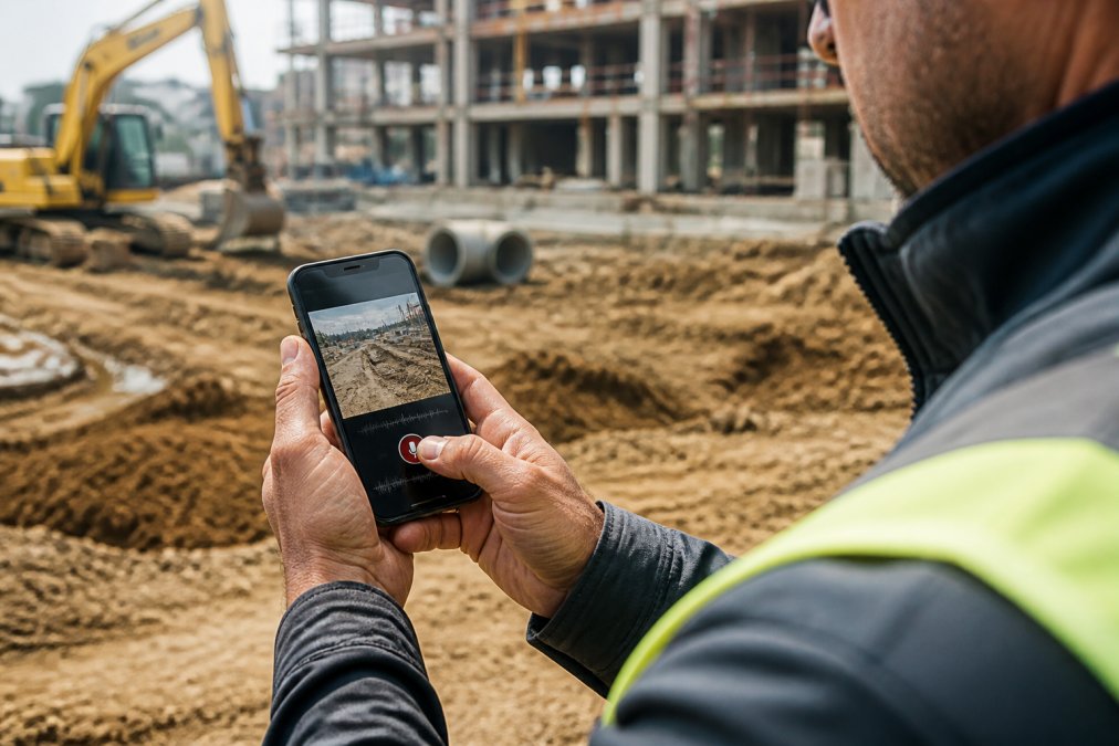 Close-up of hands documenting site observations with typed and voice notes on a smartphone, displaying time and date stamps with construction site details visible in soft focus background