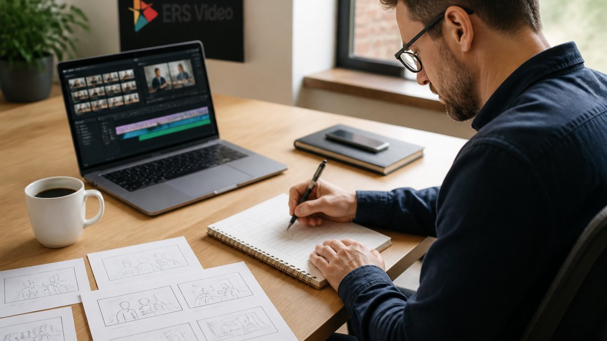 A marketing manager writing a script outline on a notepad beside a laptop showing a video timeline, coffee cup and storyboard cards on a bright office desk
