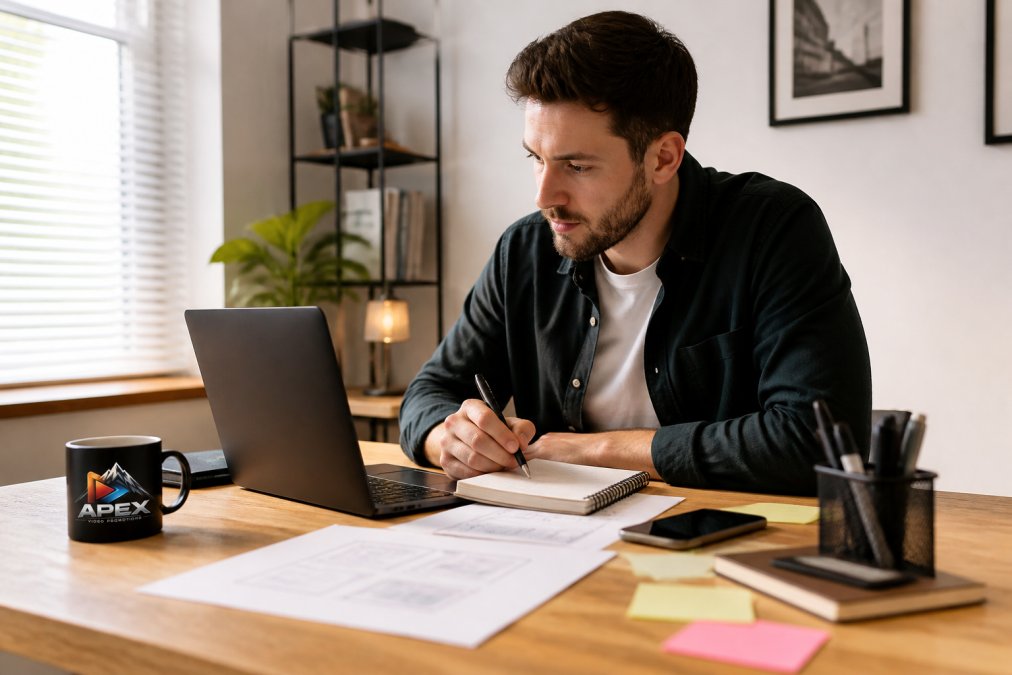 A person writing a video script on a laptop in a bright home office, with a notebook and coffee nearby, looking focused and creative