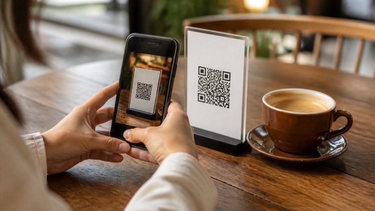 Infographic showing the process to create QR codes for restaurant table placement and smartphone scanning.