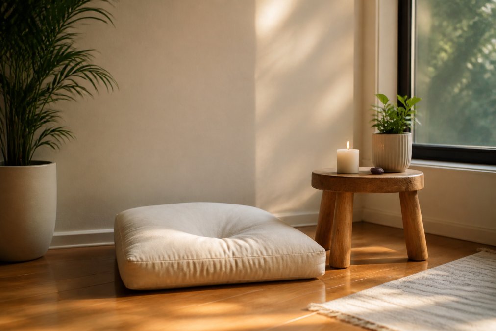 A cozy minimalist meditation corner in a small apartment with a floor cushion, a small wooden stool, a Reiki-infused candle, and a small plant, lit by soft natural light from a nearby window