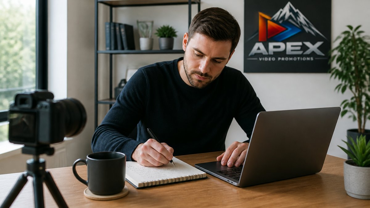 A marketer writing a video script on a laptop with a notebook and coffee on a desk in a bright home office