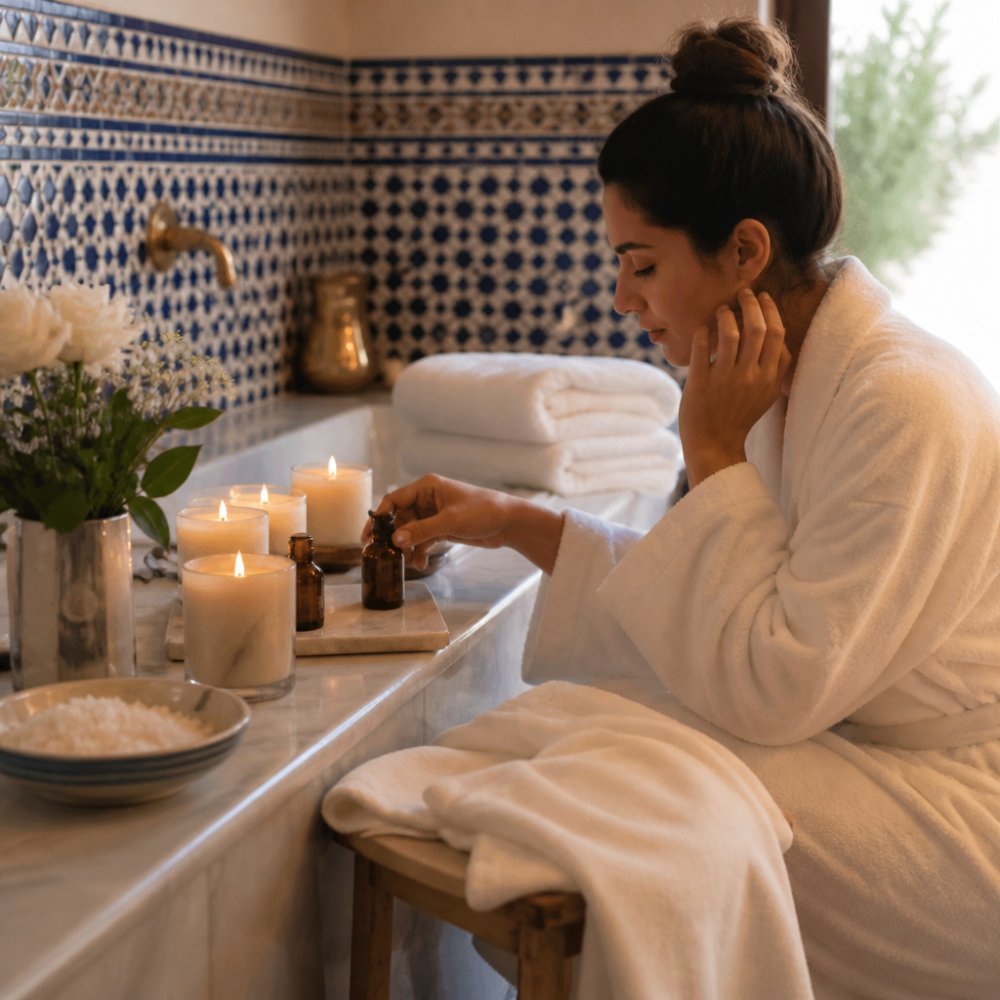 Scented candles, soft towels, and bath salts arranged for a relaxing at-home spa day in a serene bathroom.