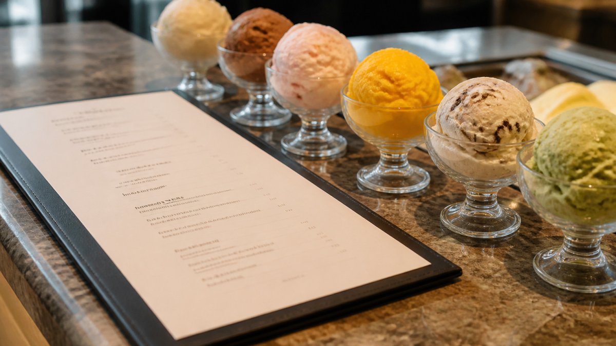 Neatly printed dessert menu placed beside a row of glass dishes filled with scoops on a café counter