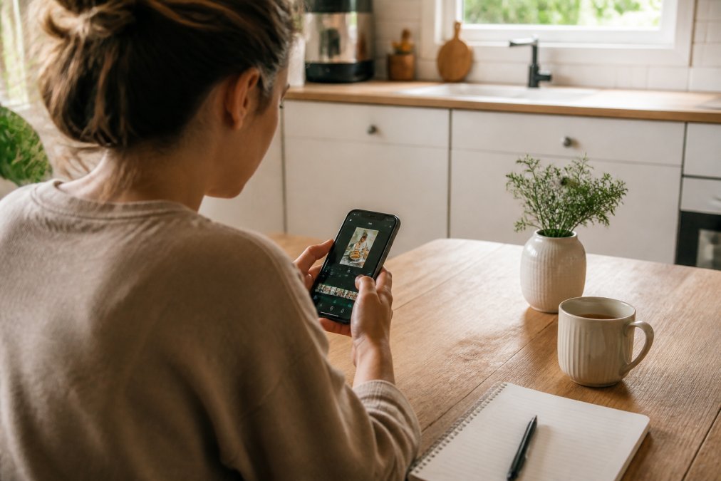 Infographic workflow showing a woman editing smartphone videos to create viral reels at a kitchen table