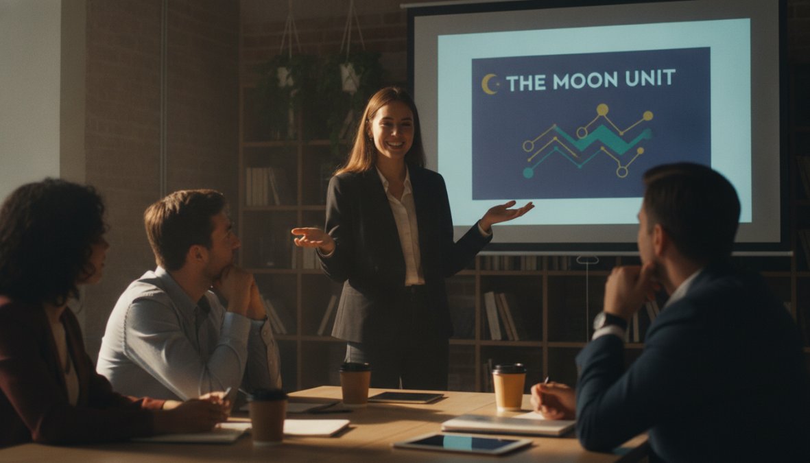 A startup founder confidently presenting a pitch deck to investors in a modern boardroom, with the slide visible on a screen behind them