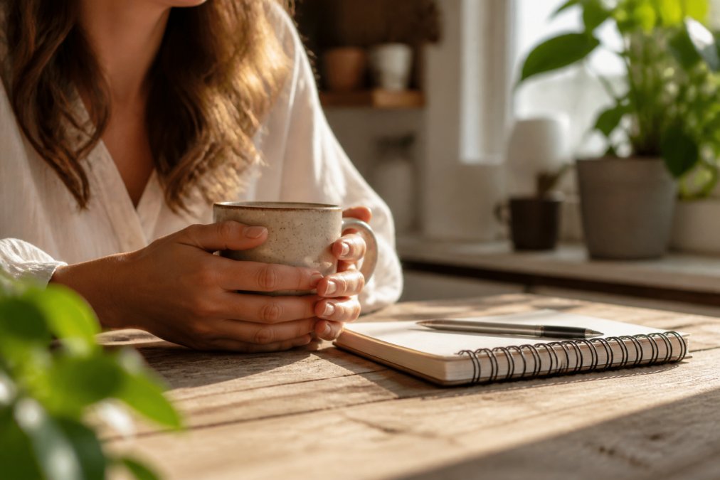 A woman's hands wrapped around a ceramic inspirational mug on a kitchen table in soft morning light, a journal and pen resting nearby, calm and reflective morning scene