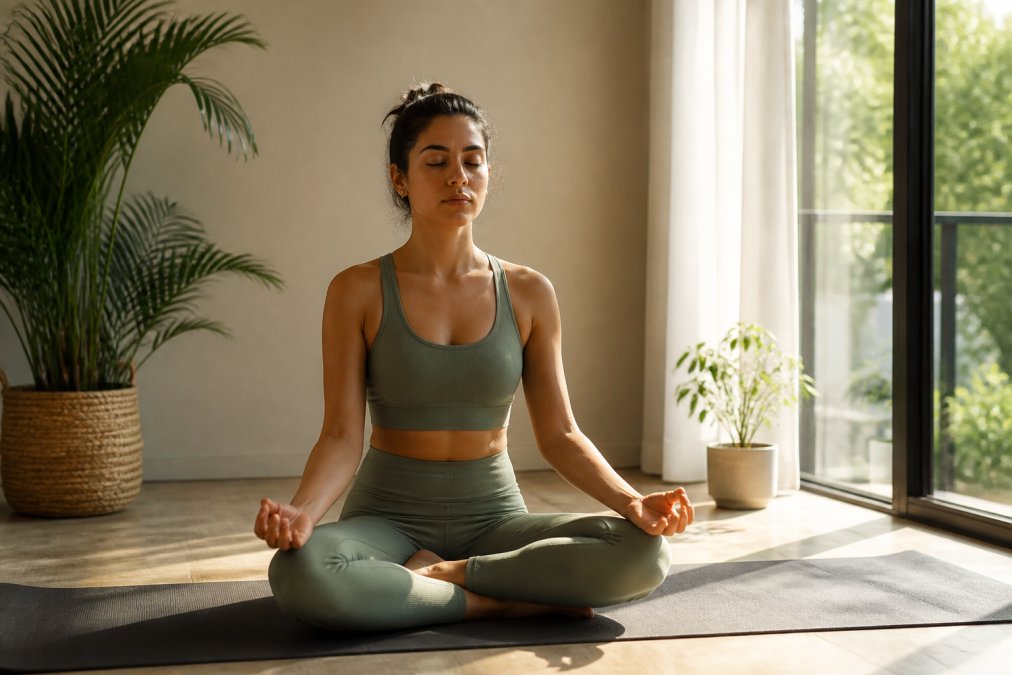 Person sitting cross-legged on a yoga mat in a sunlit room with soft natural light streaming through large windows, eyes gently closed with a peaceful expression, surrounded by simple plants and neutral colors