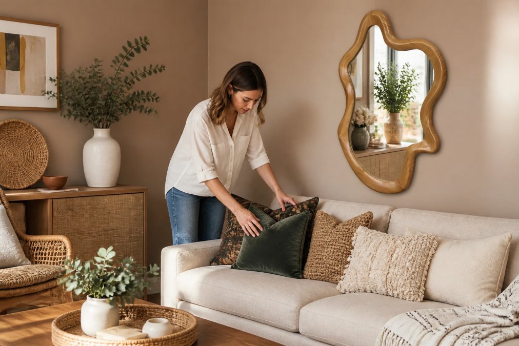 Styled living room with warm neutral walls in soft taupe, layered textures in cream and ivory, handwoven baskets, and a natural linen sofa with jewel-tone accent pillows, demonstrating color harmony and intentional curation