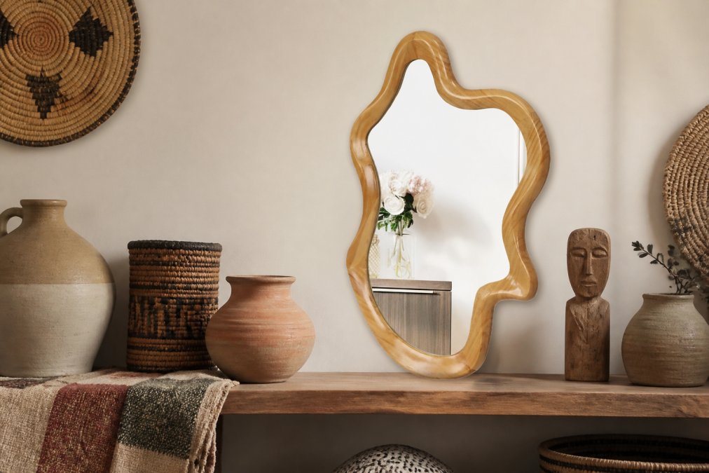 Close-up of artisanal home accessories including handwoven baskets, ceramic vessels in natural clay tones, vintage textiles, and a carved wooden object arranged on a wooden shelf with warm natural lighting, demonstrating intentional curation and material harmony