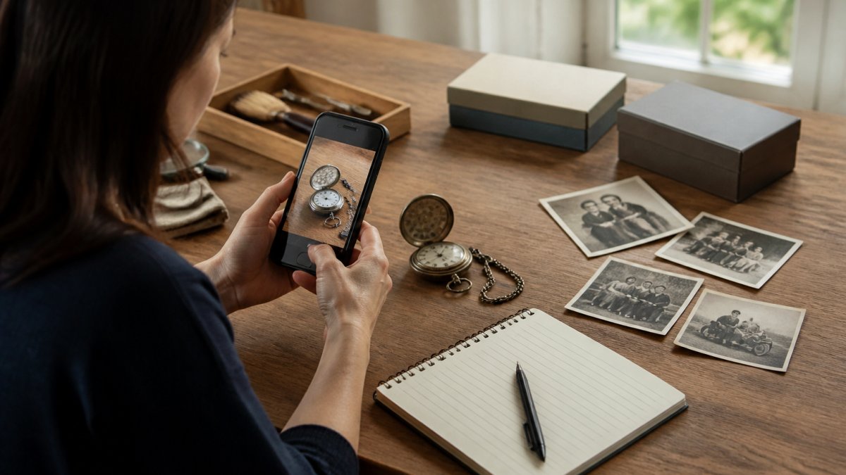 A person sitting at a wooden table photographing a vintage pocket watch and old family photographs with a smartphone, with a notebook and pen nearby for recording provenance details, warm natural light from a window
