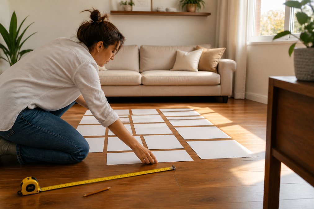 A person kneeling on a living room floor arranging paper cutouts in a grid pattern on a hardwood floor, with a measuring tape and pencil nearby, natural light coming through a window
