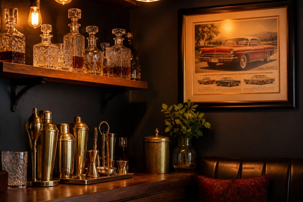 A styled corner of a home bar with warm amber lighting from a small neon sign, featuring a vintage brass shaker set, cut crystal decanters on an open timber shelf, and a framed 1950s automobile advertisement on the wall above