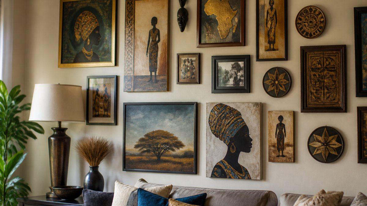 Gallery wall featuring framed cultural artwork and decorative plaques in warm gold and deep blue tones