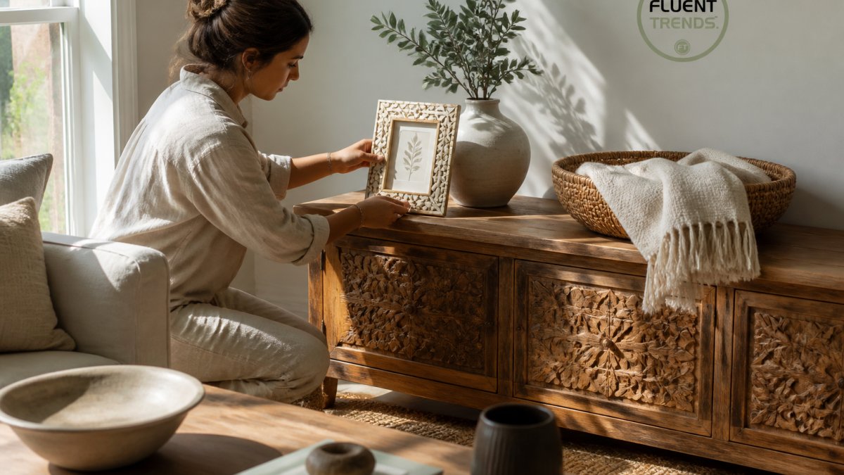 Sunlit living room corner with a carved wood sideboard, bone inlay frame, and ceramic vase with a linen throw.
