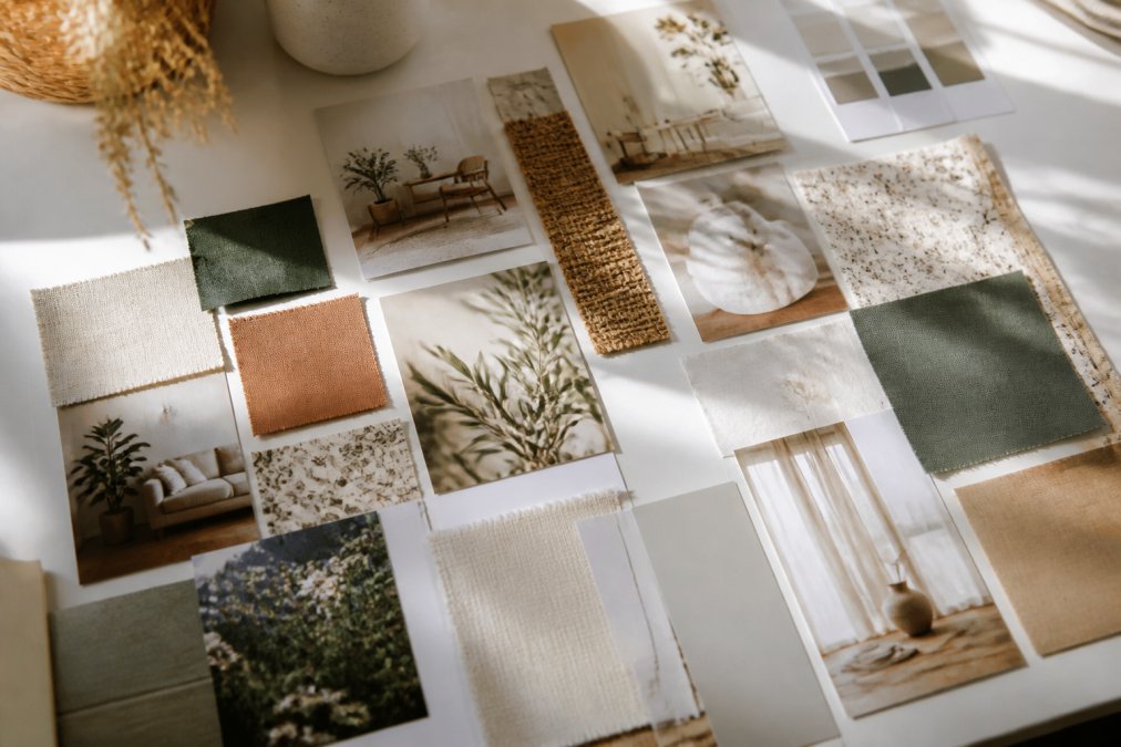 Close-up of a curated mood board spread with magazine clippings, fabric swatches, color samples, paint chips, and handwritten style notes arranged on a white workspace, natural daylight streaming across the surface