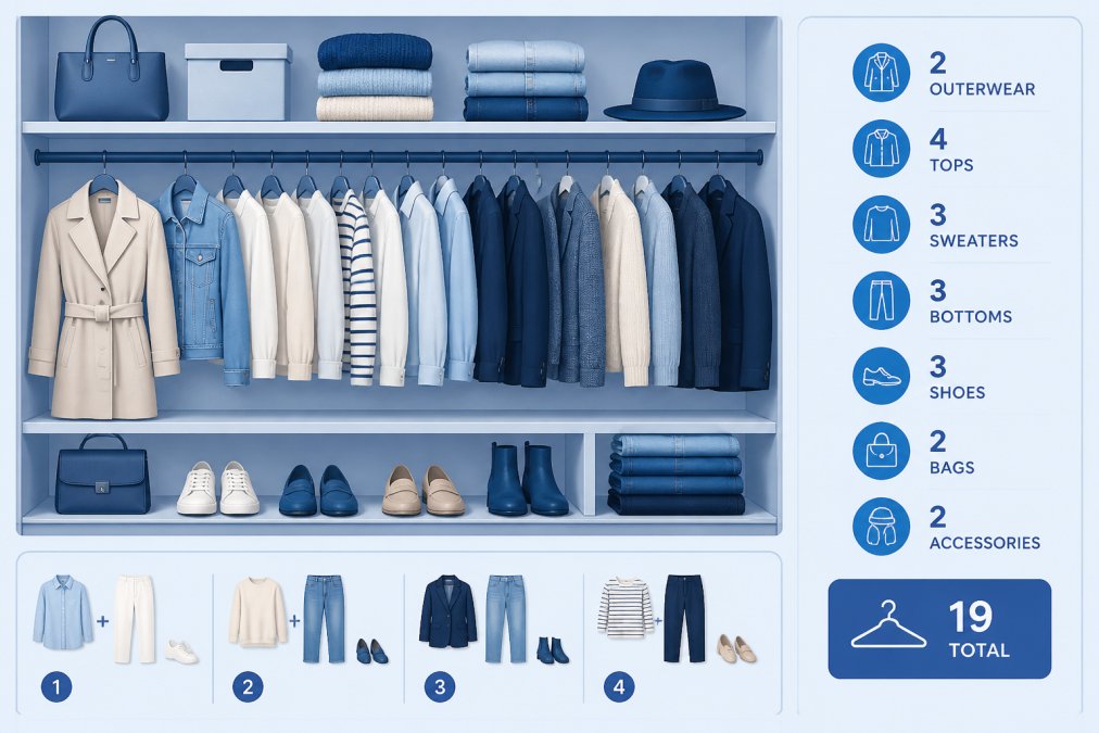 Organized clothing rack or closet shelf displaying coordinated pieces in a cohesive neutral and accent color palette, showing how different garments and textures work together as a curated capsule wardrobe