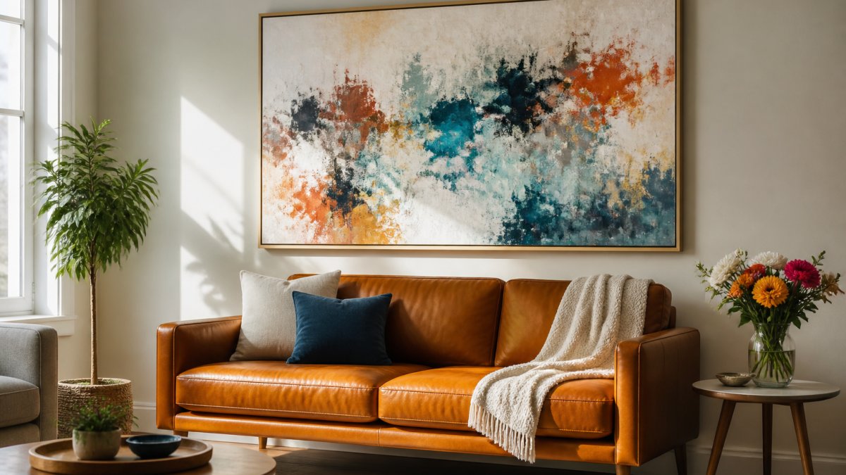 A sunlit living room with a large abstract painting on a neutral wall, a mid-century sofa below it, and a small vase of flowers on a side table