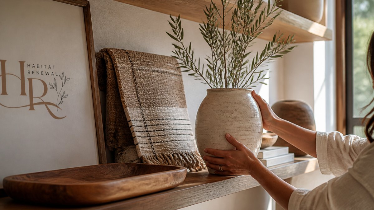 Hands arranging a handmade ceramic vase, woven textile, and wooden tray on a sunlit shelf with neutral decor.