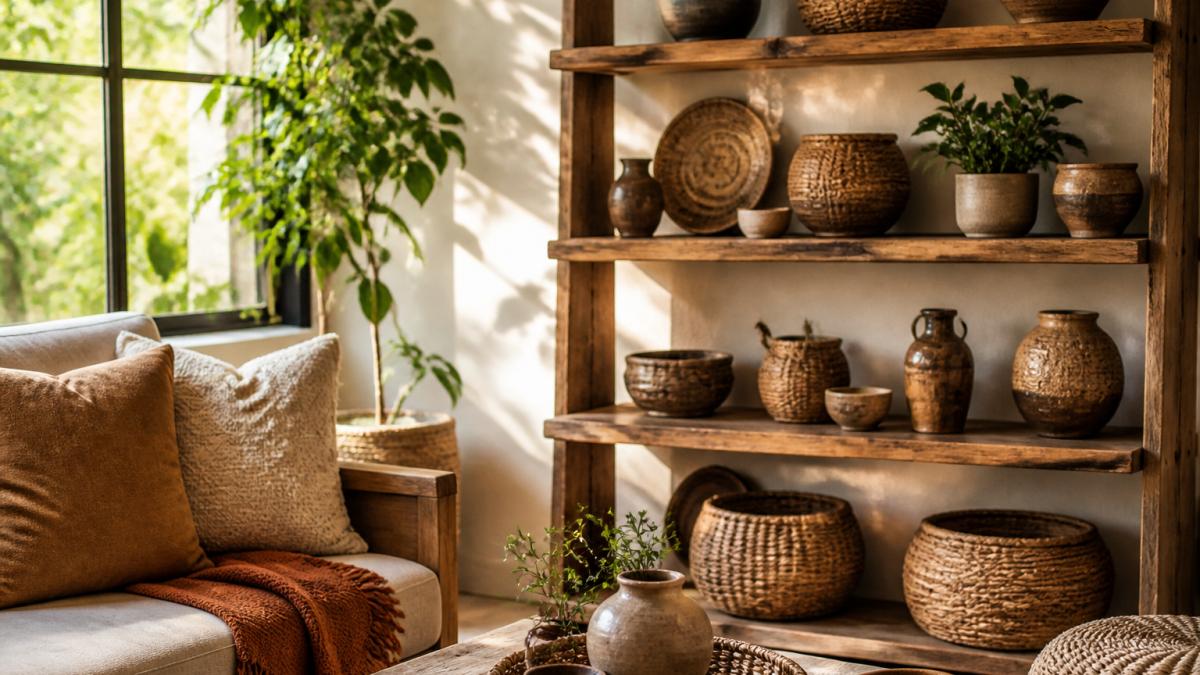 Handcrafted ceramics and woven baskets arranged on wooden shelves in a sunlit living room corner