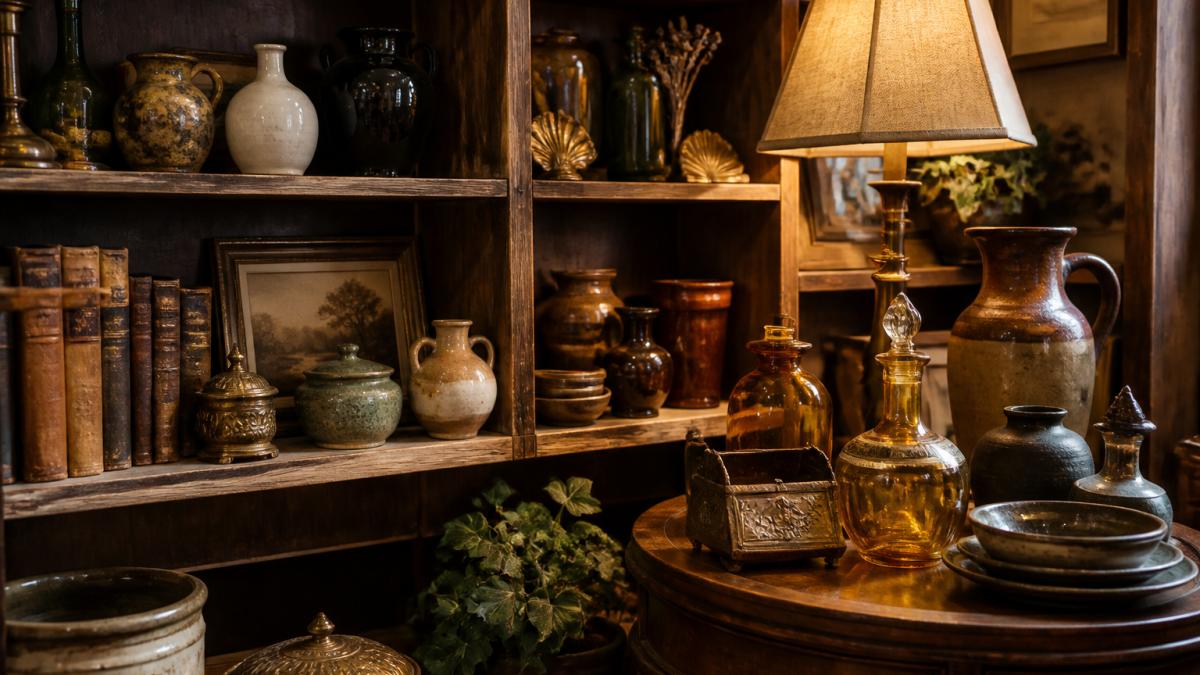 Layered vintage ceramics and glass bottles displayed on wooden shelves under warm lamplight