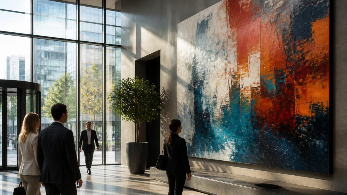 Modern corporate lobby with large-scale abstract artwork on the wall, visitors entering and looking at the piece, natural light highlighting the colors and texture of the painting