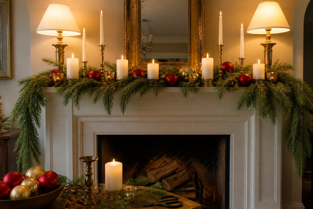Styled holiday mantel featuring layered gold and red ornaments, cedar garland, white pillar candles of varying heights, and vintage brass candlesticks arranged with visual balance, warm amber lighting from nearby lamps
