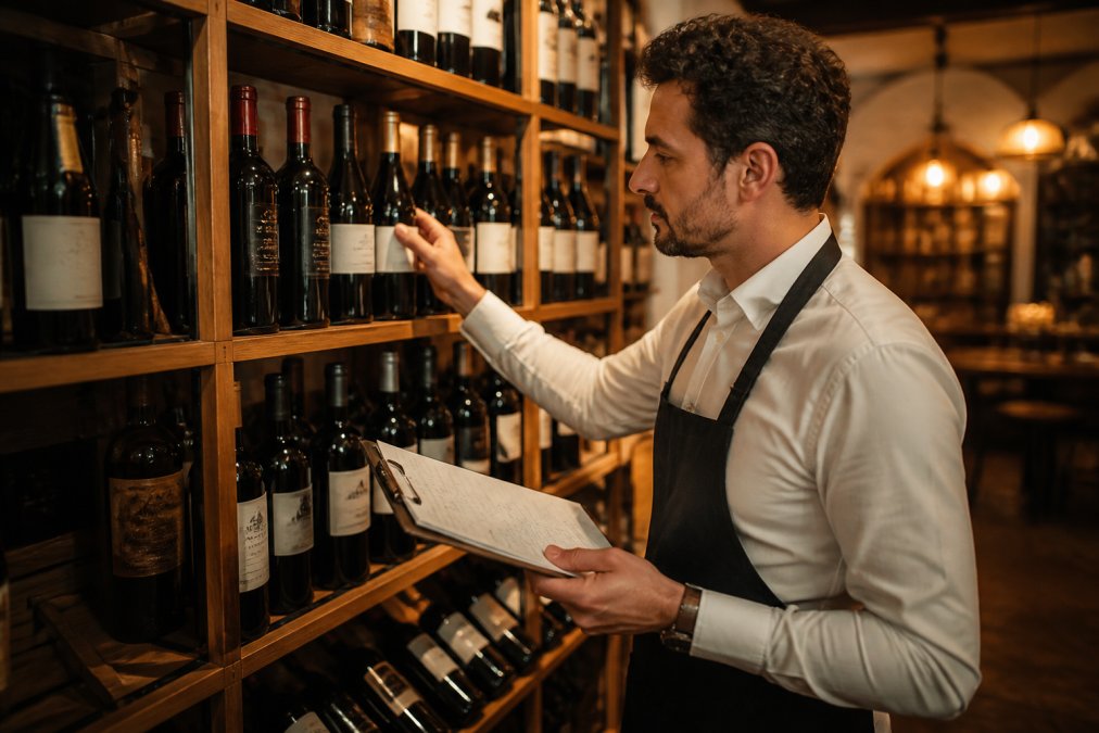 Sommelier carefully examining wine bottles on restaurant shelves while reviewing tasting notes on clipboard, warm golden lighting highlighting labels and wine list design elements