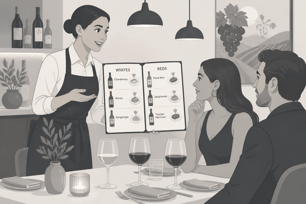 Restaurant server discussing wine pairings with guests at table, gesturing toward wine list with wine glasses and place settings visible, warm ambient lighting