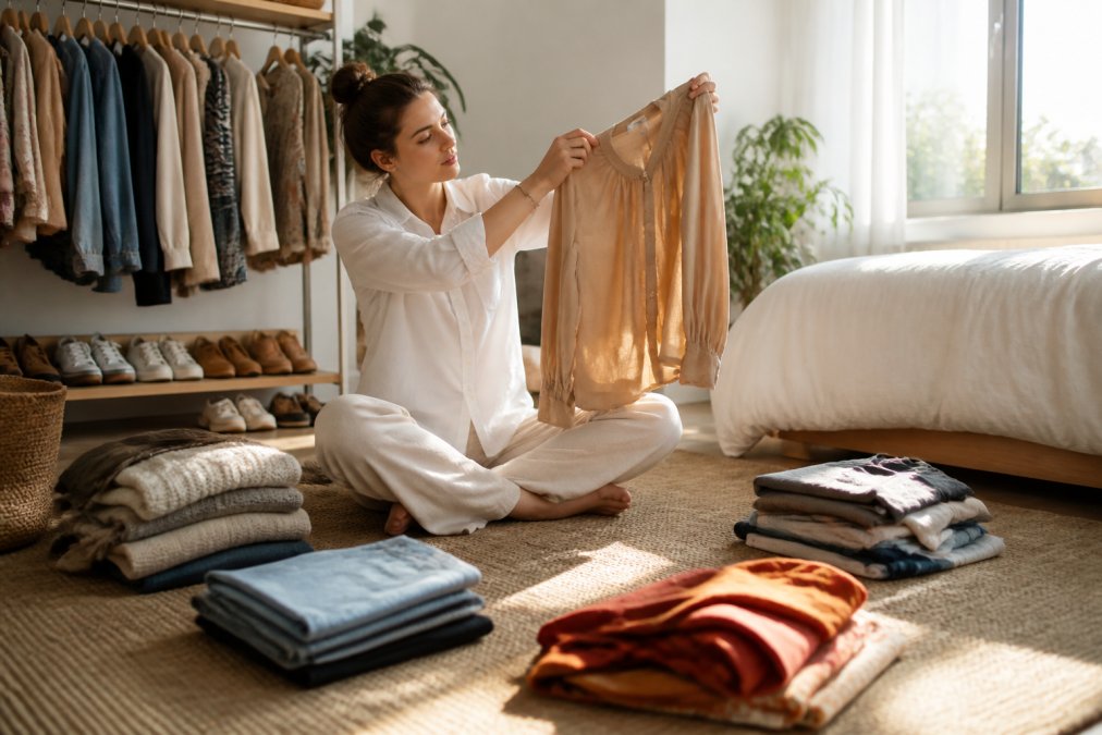 A woman in her late twenties sitting on the floor of a bright bedroom, sorting clothes into four neat piles around her, holding a blouse up to the light with a thoughtful expression, morning sunlight through the window