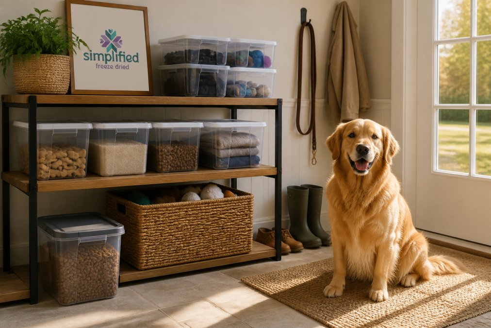 Golden retriever sitting by a tidy mudroom station with labeled storage bins and hanging pet leashes