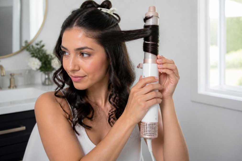 Close-up of a woman using an air styler barrel attachment to wrap a section of hair around the barrel, with soft bouncy curls forming, shot in a bright bathroom with natural light coming from a side window