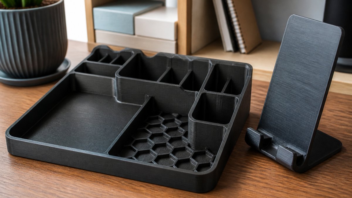 Diagram illustrating the key steps to optimize mesh, orientation, and scale for 3D printed desk accessories.