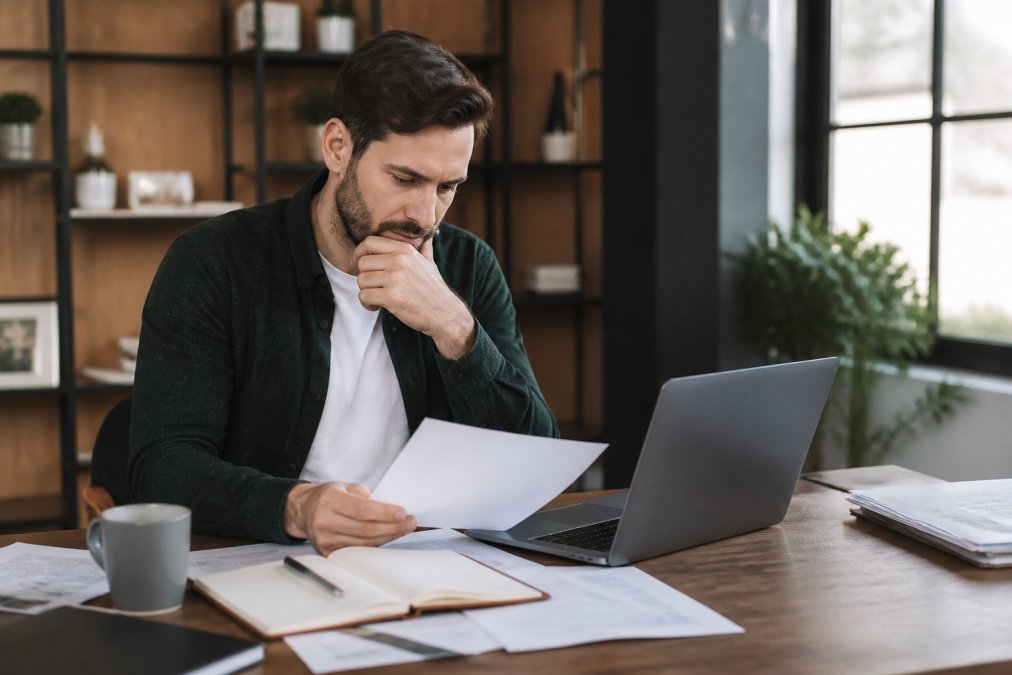 Business owner reviewing strategic documents and growth metrics on laptop at desk with coffee cup and notepad, focused expression in modern office setting