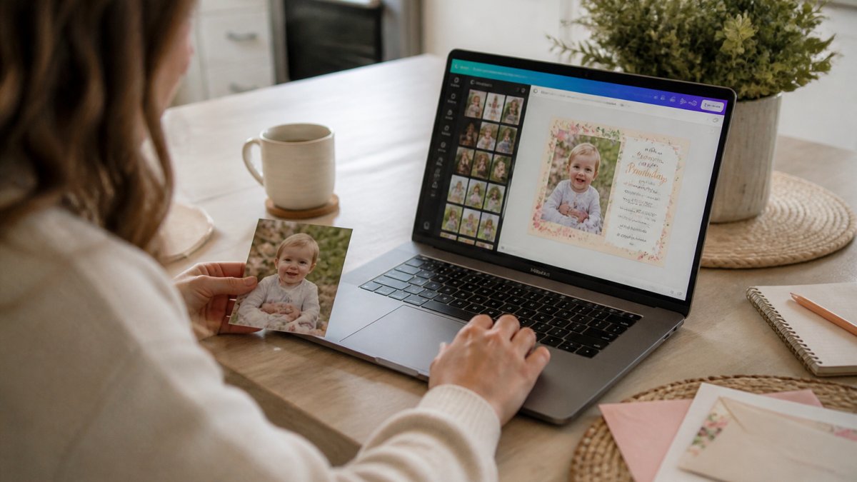 A parent sitting at a bright kitchen table with a laptop open to a Canva invitation editor, one hand on the trackpad and a printed photo nearby, warm natural light