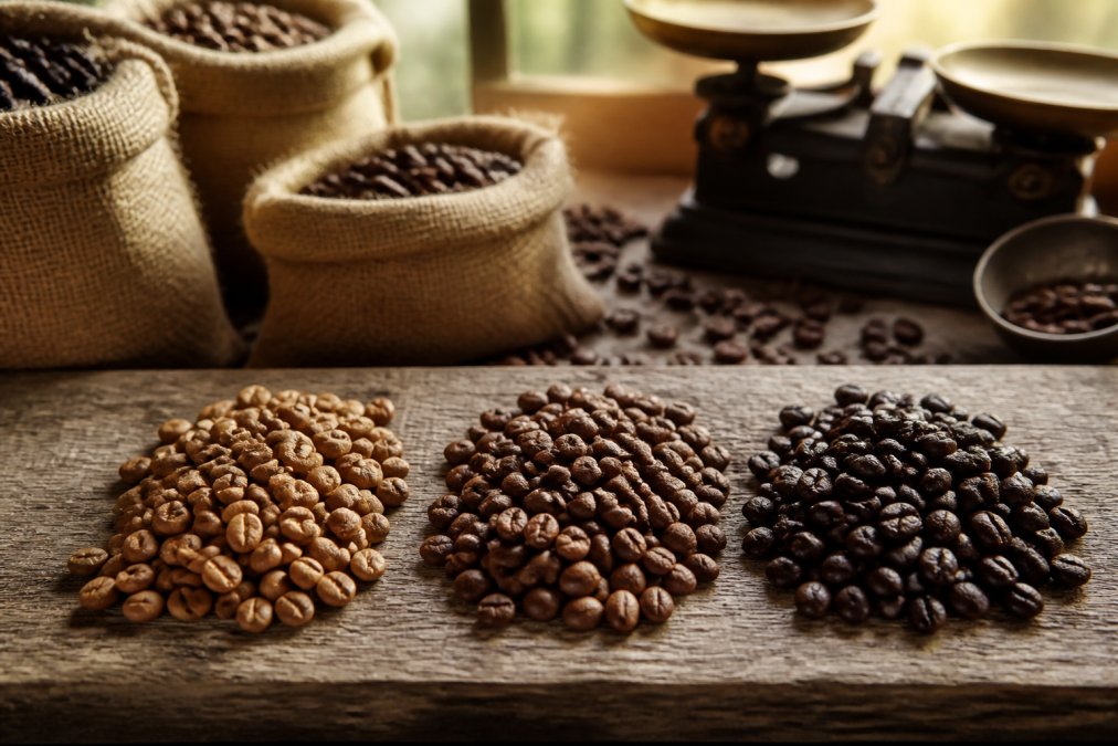 Close-up of coffee beans in three distinct roast levels, light, medium, and dark, arranged side by side on a weathered wooden surface with burlap sacks and a roastery scale visible in soft morning light