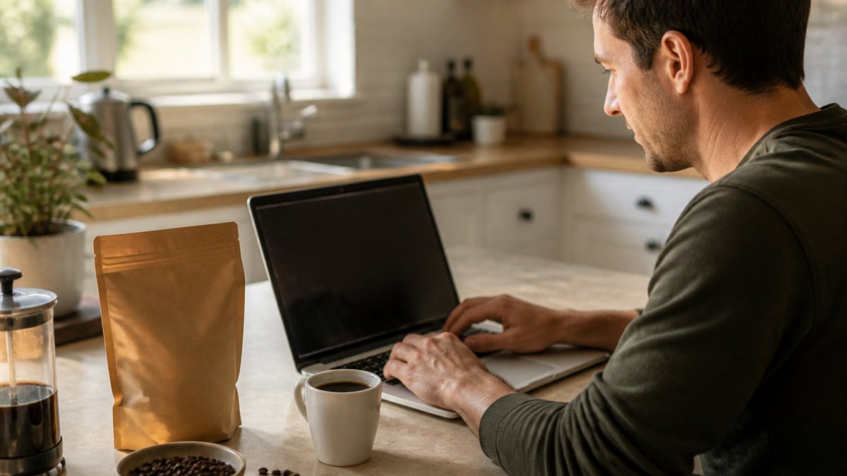 Person sitting at a kitchen counter using a laptop to manage a coffee subscription with fresh beans and a mug nearby.