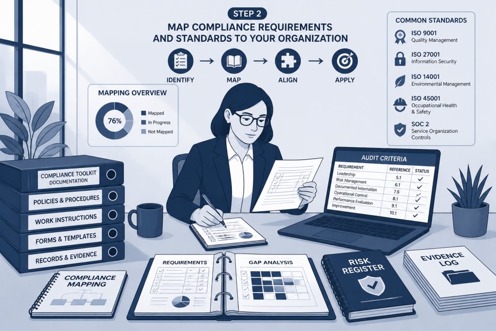 Flowchart illustrating the process of mapping compliance requirements and audit standards to organizational needs