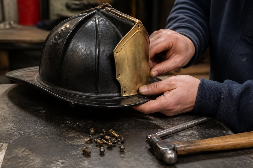 Close-up of a firefighter's hands attaching a brass front holder to a black leather fire helmet on a workbench, with rivets and small tools nearby