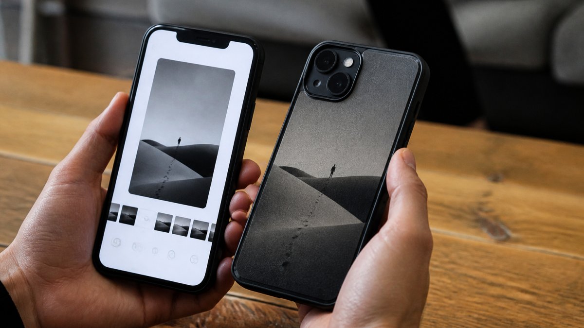 Close-up of hands holding an iPhone with NFC E Ink case visible on the back, showing the companion app open on the phone screen with an image selected, about to tap the case to transfer the design