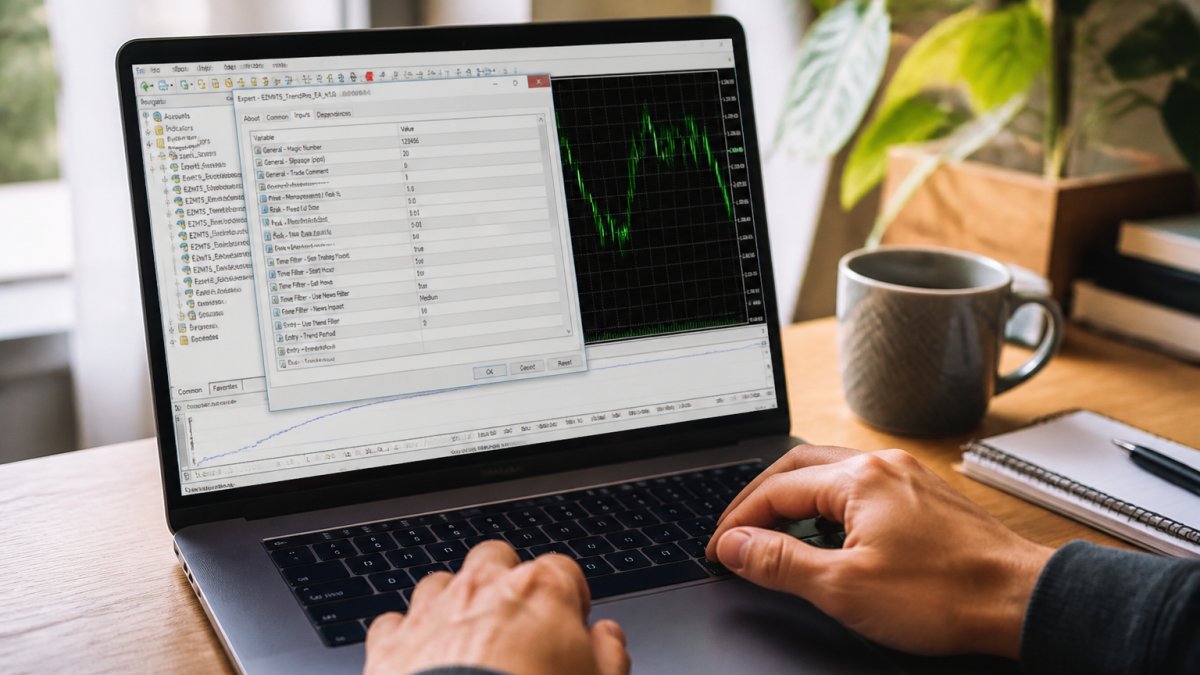 Close-up of a trader configuring MT5 expert settings in the inputs tab on a desk with a laptop and notebook.