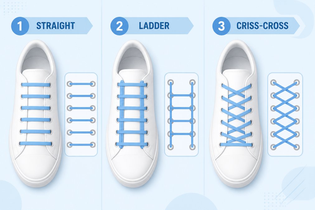 Close-up of a white sneaker displaying three distinct lacing patterns side by side, straight lacing on the upper section showing clean horizontal lines, ladder lacing in the middle with bold geometric stepped appearance, and criss-cross pattern on the lower section with diagonal weaving