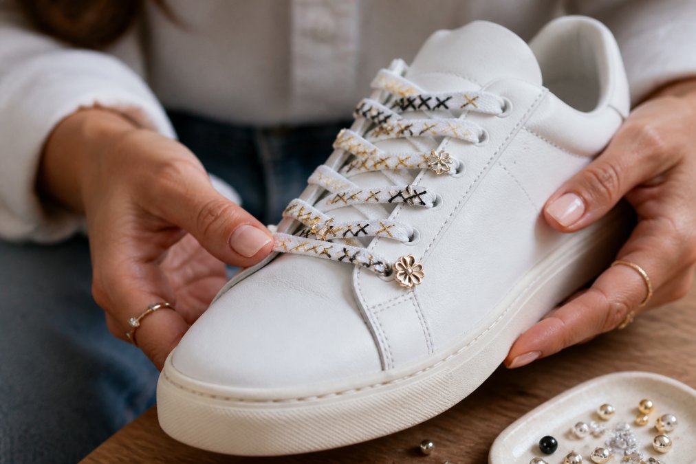 Hands holding a customized white sneaker with decorative lace charms in silver and gold, small beads threaded through the laces, and visible embroidered details on the lace material in contrasting thread colors