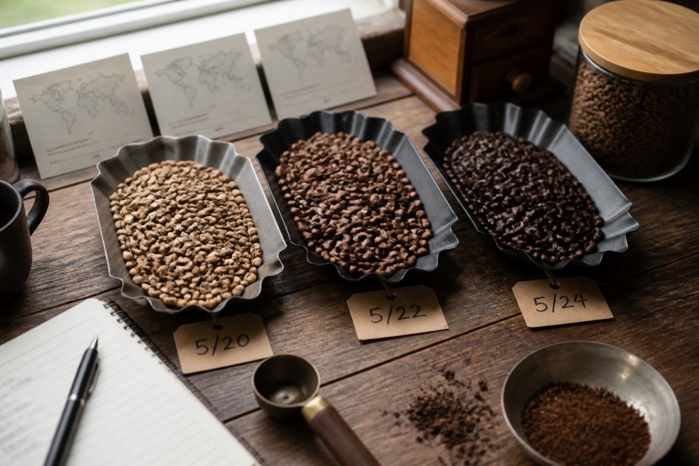Close-up of whole coffee beans in three distinct roast levels arranged on a rustic wooden surface with handwritten roast date labels and origin cards visible, natural window lighting highlighting the color variations from light tan to deep chocolate brown